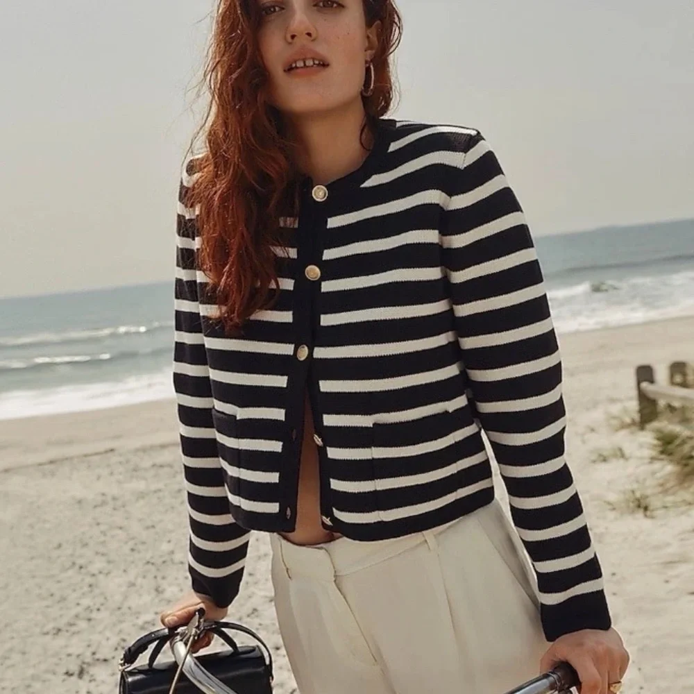 J.Crew Emilie Sweater Lady Jacket XXL Black Ivory Stripe Gold Button